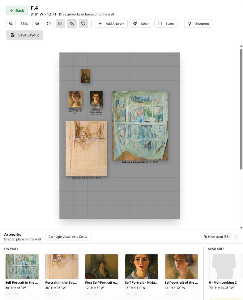 CurateSense wall layout editor: five portraits of different sizes placed to scale on an 8' 8" wall with the one-foot grid on, and the artworks on that wall listed below with their sizes