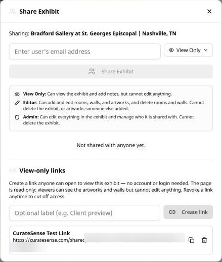 The Share Exhibit dialog: share with a person as View Only, Editor or Admin, or create a labelled view-only link that needs no account