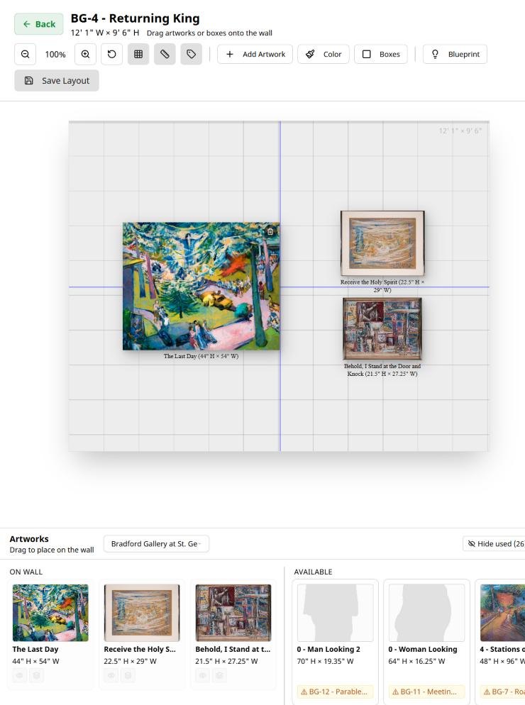 The wall layout editor with one work selected and the alignment guides showing, the works on the wall below, and the works still available to place
