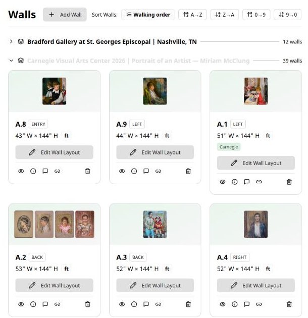 CurateSense Walls screen: the Carnegie exhibit's walls in walking order, each with its width and height in inches and a thumbnail of the work placed on it